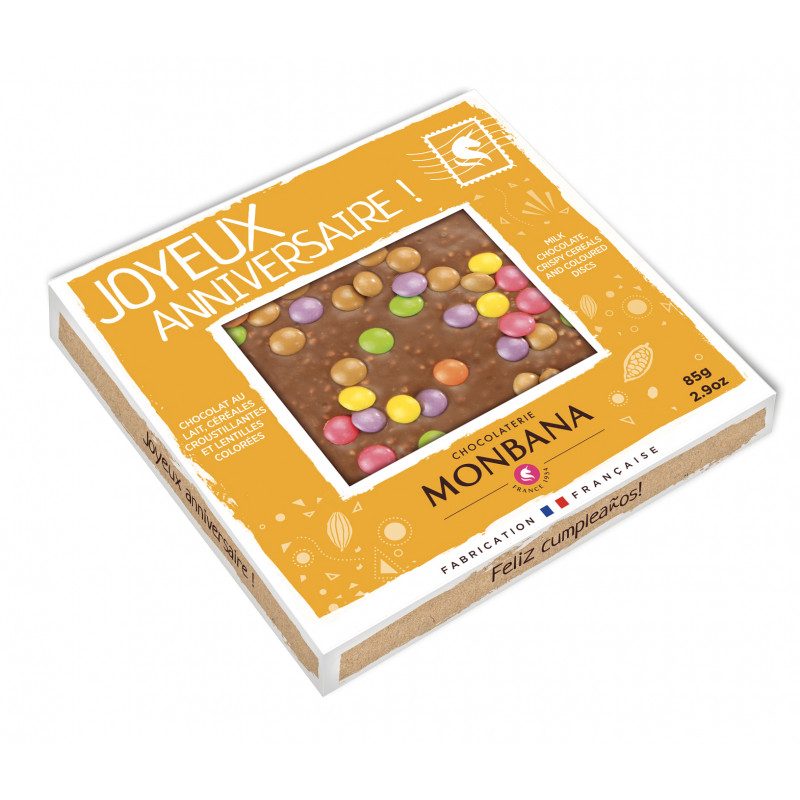 Tablette de chocolat au lait "Joyeux Anniversaire" par Monbana