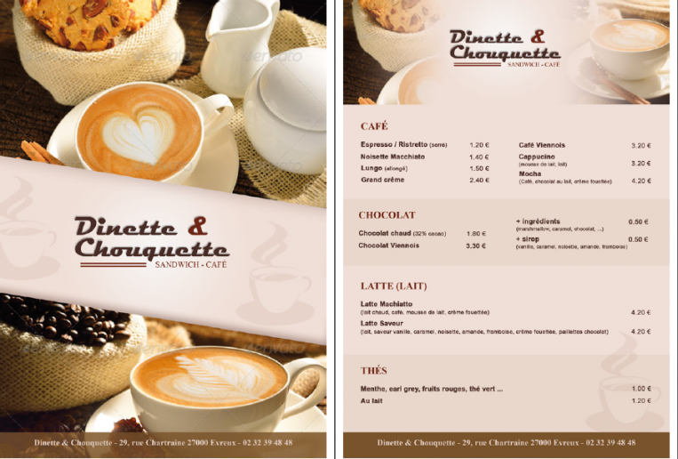 Carte des cafés et des boissons gourmandes de Dinette et Chouquette, réalisée par Digiactif